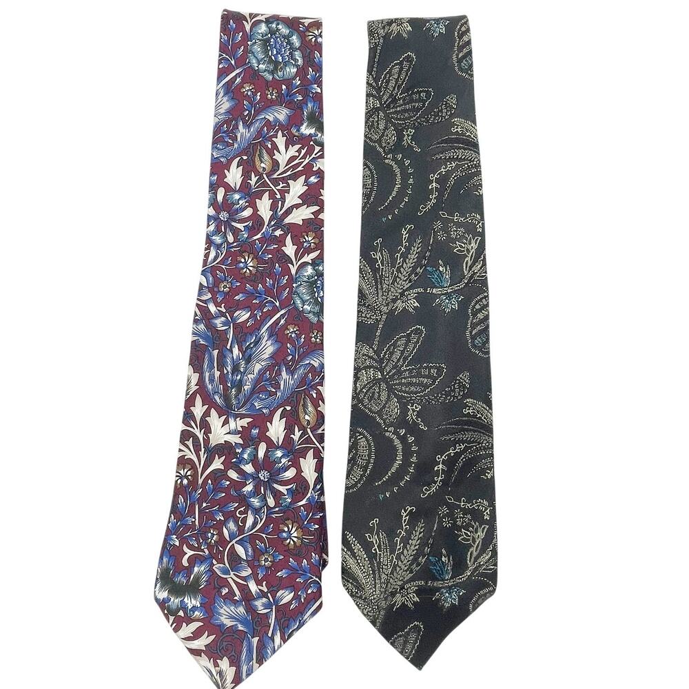 Vintage 90s Oscar de la Renta Men's Silk Ties Paisley Leaf Dark Moody Lot of 2